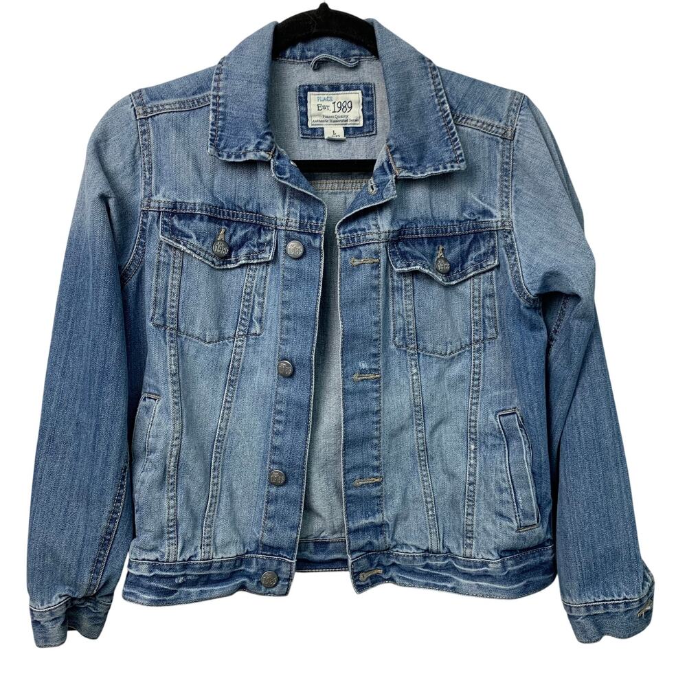 The Children's Place Girls Sz Large 10/12 Denim Jean Jacket Buttons Moto Casual